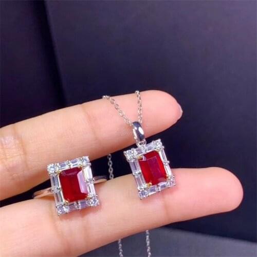 Natural Ruby Gemstone Sets 925 Silver Bracelet Ring Pendant Necklace 3-pieces Suits Fine Wedding Jewelry for Women