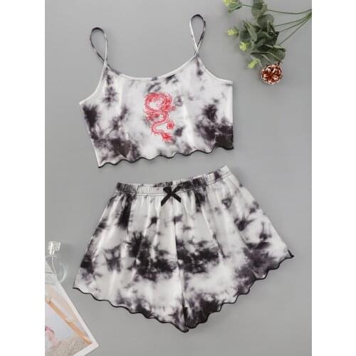 Chinese Dragon Print Camisole With Shorts Pajama Set Tie-Dye Sleeveless Crop Vest Elastic Waist Short Pants Sleepwear Home Wear