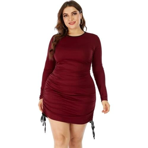 Summer Plus Size Dress Women Clothe O Neck Long Sleeve Solid Shirring Sexy Sheath Mini Short Lager Size Dress for Woman