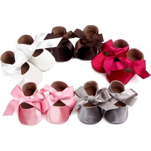 New Arrived Princess Silk Bow Autumn Toddler Cotton Fabric Moccasins Baby Girls Sole No-Slip Baby Shoes First Walkers
