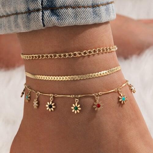 DIEZI Korean Gold Color Multi layer Chain Anklets Set For Women Girls Fashion Flower Anklet Foot Ankle Bracelet Beach Jewelry