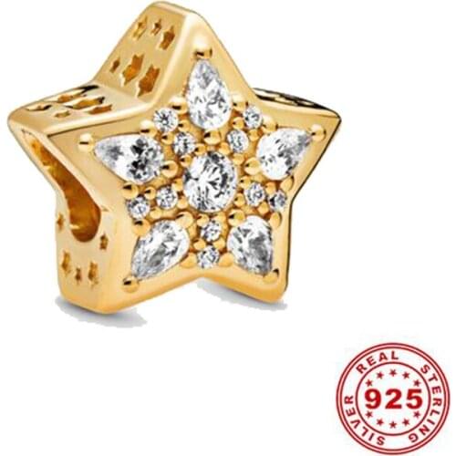 New 925 Sterling Silver Bead Golden Five-Pointed Star Charm DIY fine beads Fit Original Pandora Charms Bracelet Jewelry 2021