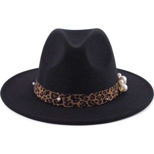 New Men Women Panama Hat Solid Color Pearl Leopard Band Vintage Wide Brim Felt Trilby Fedora Hat