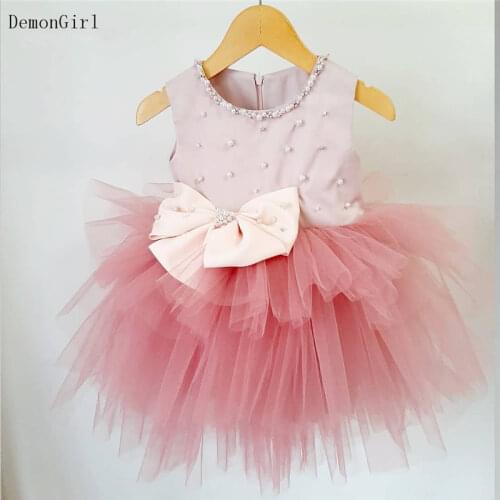 Puffy Tulle Knee Length Kids Clothes Pearls Satin Bow Baby Girl Party Gown Birthday Dress Photoshoot