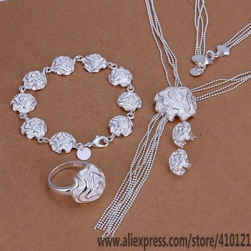 S326 Hot Sale Silver Color Jewelry,Wholesale Jewelry Elegant Charms Fashion Set Rose Ring Stud Earrings Bracelet Necklace