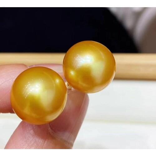 D511 Pearl Earrings Fine Jewelry Solid 18K Gold Round 12-13mm Fresh Water Golden Pearls Stud Earrings for Women Presents