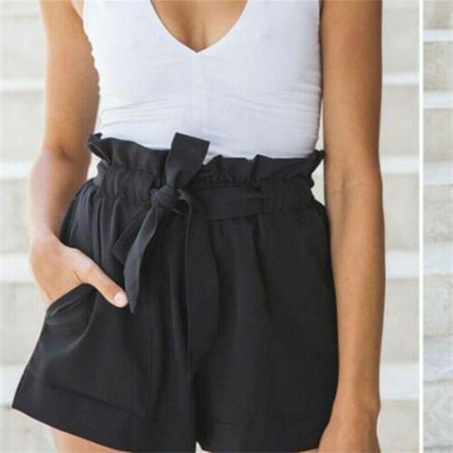 4 Colors Fashion Women Shorts High Waist Paper Bag Tie Belt Shorts Ladies Summer Shorts Size 6-14