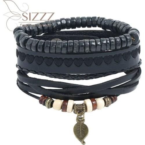 SIZZZ 2019 Factory direct retro woven set diy simple multi-layer beaded leather bracelet&bangles for women/men