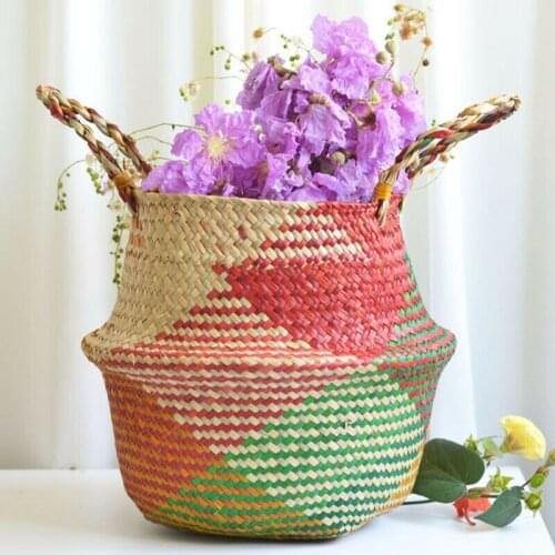 Folding Storage Basket Rattan Straw Wicker Flower Pot Seagrasss Gardens Plant Belly Basket Plant Pot Flower Potted Bag Storage
