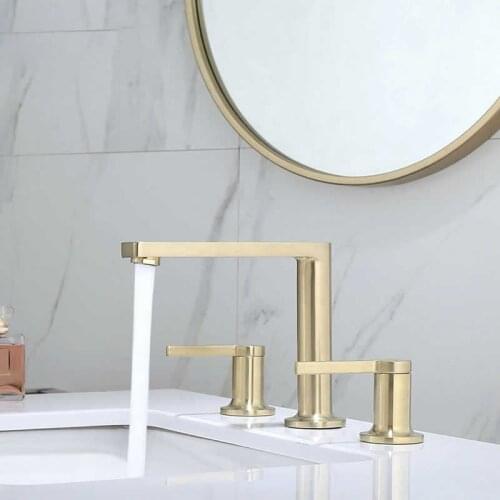 Basin Faucet Brushed Gold Brass Bathroom Sink Faucet 3 Hole Widespread Basin Mixer Double Handle Hot Cold Water Tap