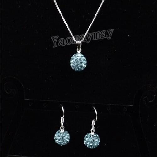 Rhinestone Jewellery Set Lake Blue Disco Ball Pendant Earrings And Necklace For Women 10 Sets Wholesale