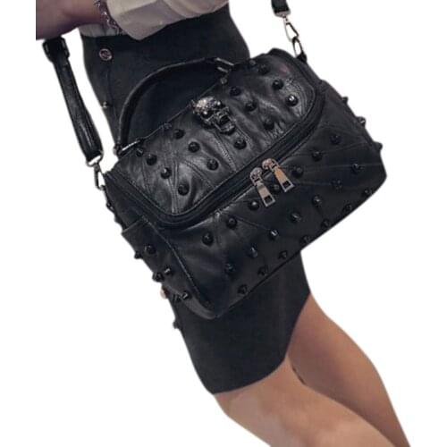 Women Bags Split Sheep Leather Messenger Rivet Skull Tote Handbag Travel Crossbody Satchel Purse Top Handle Bags