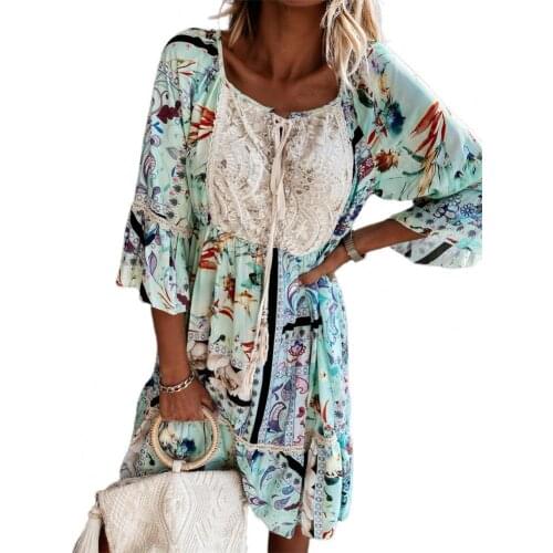 Loose Fashion Ladies Elegant Dress Ethnic Style Print Ruffle Hem Square Collar Lace Up Dress for Vacation Ladies Beach Dresses