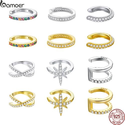 Bamoer 1PC Ear Cuff 925 Sterling Silver Clip Earrings for Women Gold Color Spain Fashion Jewelry Rhinestone Tiny Earrings SCE994