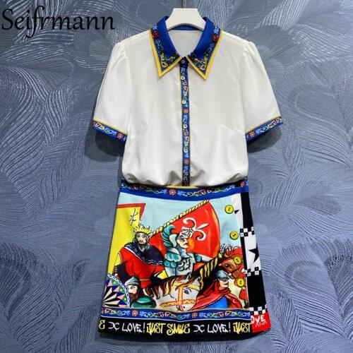 Seifrmann New 2021 Summer Women Fashion Designer Skirts Set Short Sleeve Loose Blouses + High Waist Vintage Print Skirts Suits
