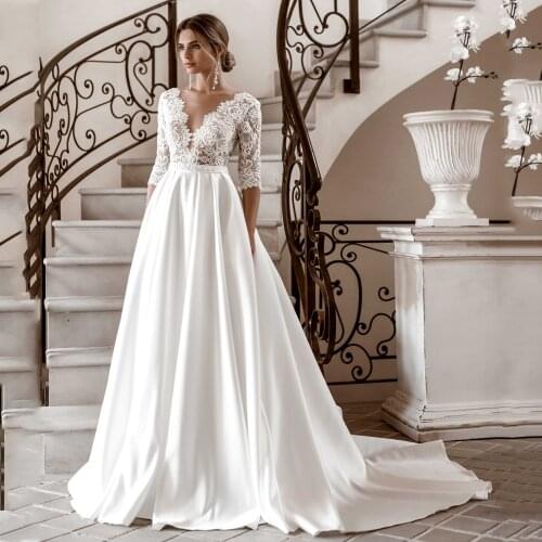 V-Neck Half Sleeve Appliques Lace Bead Belt Sequin Button Satin A-Line Wedding Dress 2021 Vestido De Noiva Bridal Gown