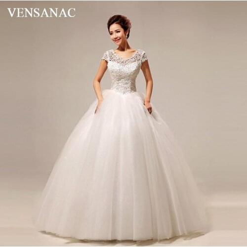 VENSANAC 2018 Crystal O Neck Lace Appliques Ball Gown Wedding Dresses Sequined Hollow Out Short Cap Sleeve Bridal Gowns