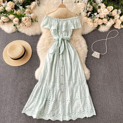 SINGREINY Sexy Off Shoulder Ruffles Dress Women Slash Neck Single Breasted A-line Dresses Summer Chic Hollow Vacation Midi Dress