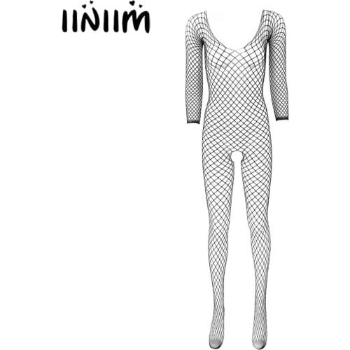 Womens Hollow Out Fishnet Open Crotch Sissy Bodysuit Lingerie Bodystocking Crotchless Closed Toes Stretchy Full Body Stocking