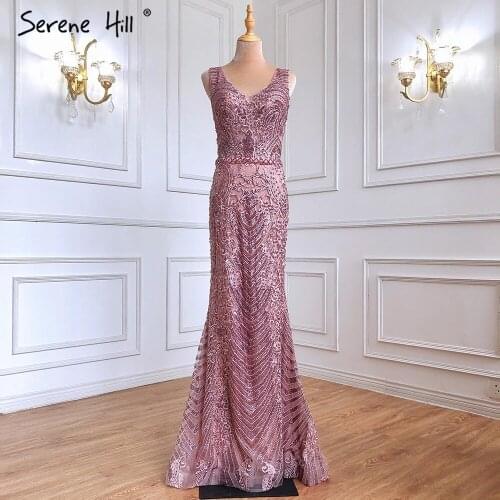 Pink Mermaid Elegant Sexy For Women Dresses 2021 Beaded Lace Luxury Evening Gowns Party Serene Hill BLA70596