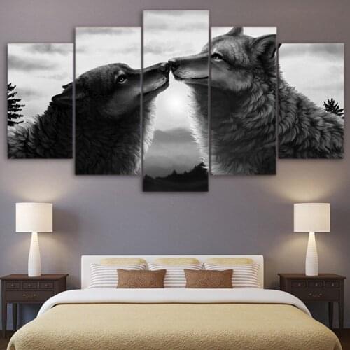 Animal 5 Panels Canvas Painting Wall Black White Wolf Posters On The Wall Room Decor Set Paintings for Interior Frameless Home