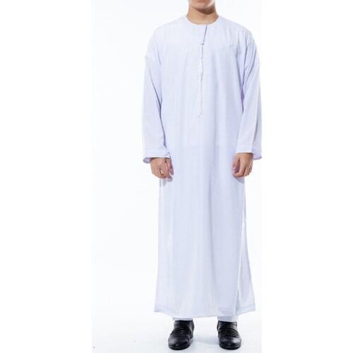 2021 New Oman Muslim Moroccan Long Sleeve Round Neck Islamic Mens Solid Color Robe White Arabic Kaftan Men Worship Abaya