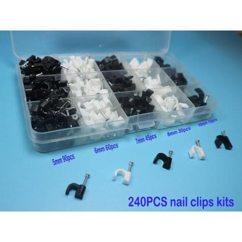 240pcs/box Plastic 5/6/7/8/10mm Circle Cable Clip C Shaped High Carbon Steel Nails Cable clips Wire Wall holder