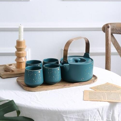 5pcs Simple Art Ceramic Dark Green Gold Rim Tea Set Set Matte Teapot Tea Cup with Tray European Style Home Office One Pot 4 Cups
