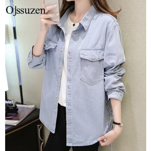 Spring Light Blue Korean Loose Blouse Womens Shirts Fashion Lace Up Long Sleeve Autumn Ladies Tops Casual