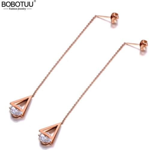 BOBOTUU Bohemia Titanium Steel CZ Crystal Triangle Long Tassel Earrings Fashion Ear Line Dangle Earrings For Women BE20004