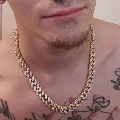 Iced Out Paved Rhinestones 15MM Gold Silver Color Full Miami Curb Cuban Chain CZ Bling Rapper Necklaces for Men Hip Hop Jewelry