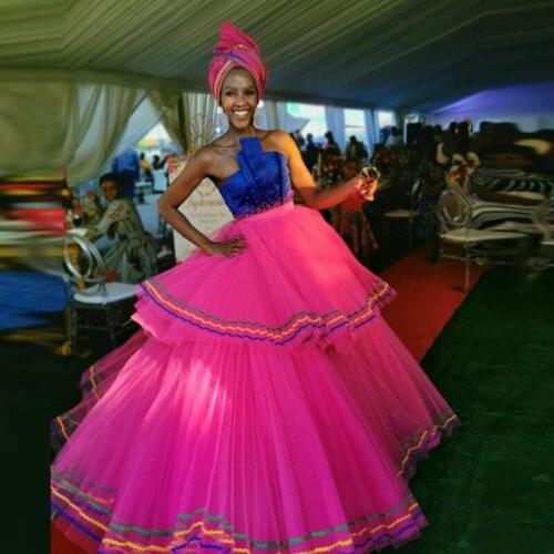 Contrast Color Arabic Beaded Prom Dresses Strapless Tiered Tulle African Formal Evening Party Gowns vestido de fiesta de boda