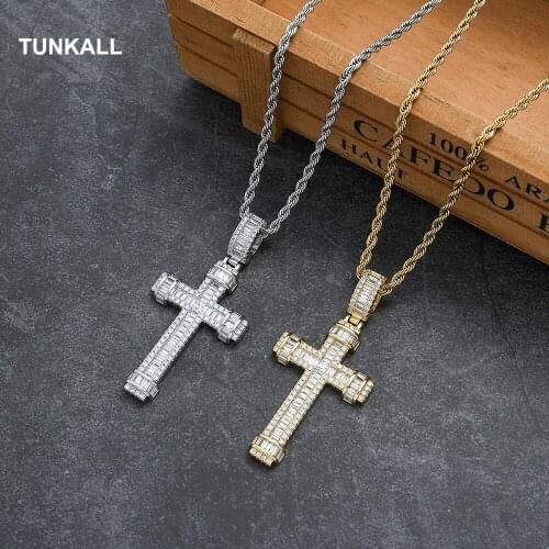 TUNKALL Cross Brass Pendant Micro pave with CZ Bling Bling Mens Necklace Rock Hip Hop Jewelry CN337