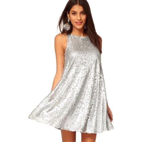 Summer Sequin Dress Sexy Women Vintage Mini Shiny Dress Swing Sleeveless 1920s Evening Party Dress female Clubwear 1950s Silver