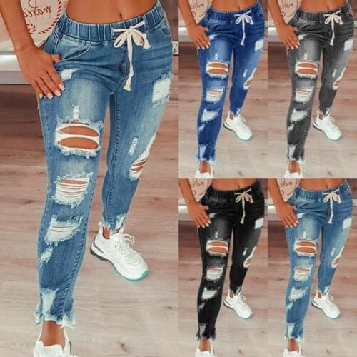2021 Hot Sale Drawstring Denim Jeans for Women Stretch Ripped Jeans Jean Ladies Plus Size Full Length Pencil Pants