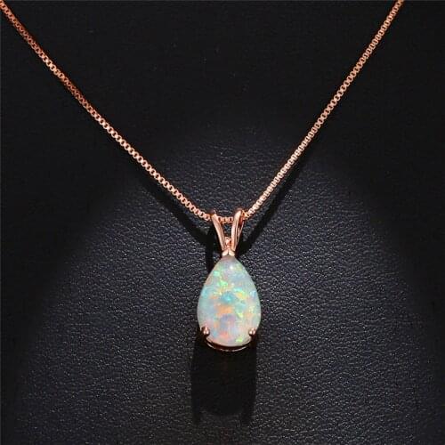 Cute Female Small Water Drop Pendants Necklaces Rose Gold Wedding Necklaces For Women Vintage Blue White Green Opal Necklace