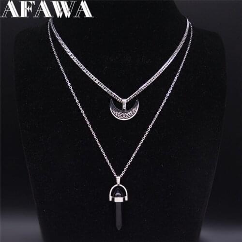 Viking Moon Stainless Steel Layered Necklace Black Color Hexagonal Column Quartz Jewelry colgantes mujer moda N3743S02