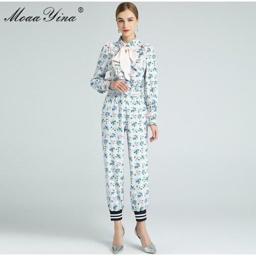 MoaaYina Fashion Designer Set Spring Autumn Womens Ruffles Long sleeve Blouses Tops+Floral-Print Trousers Two-piece set
