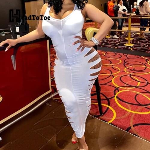 Solid Hallow Out Sexy Club Dresses for Women Sleeveless U-neck Skinny Mid-calf Dress Women
