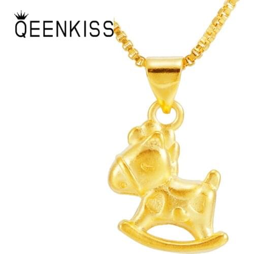 QEENKISS PT575 Fine Jewelry Wholesale Fashion Woman Girl Bride Birthday Wedding Gift Cute Horse 24KT Gold Pendant Charm NO CHAIN