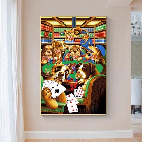 SP046 Silk Cloth Wall Poster Dogs Playing Poker Vintage Fabric Art Home Decoration Gift