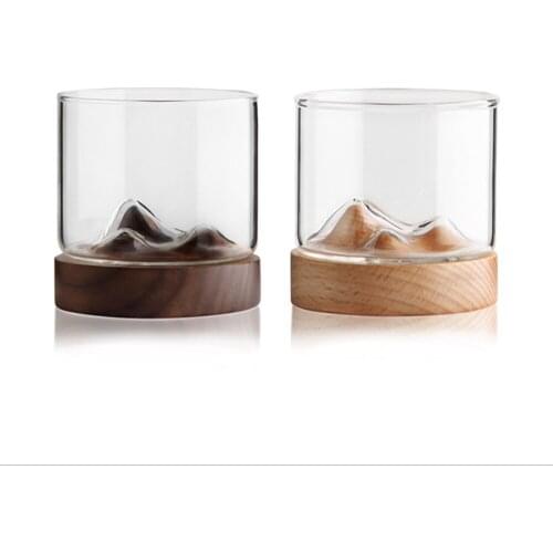 5oz Mountain Wine Glass mug with Wooden chinese tea mug Bottom Whiskey Glasses Japanese Household Tea Cup wood mug gift
