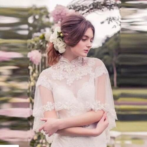 Vintage New Bolero Custom Half Sleeve High Neck Lace Applique Wrap White Ivory Wedding Bridal Jacket