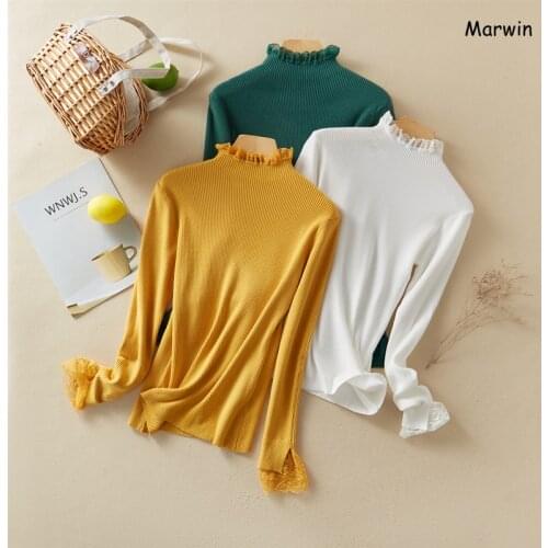Marwin 2020 New-Coming Autumn Winter Solid Turtleneck Pullovers Female High Street Style Lace Sleeve Women Sweater