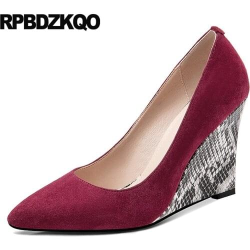 Sheepskin Shoes Women Pointed Toe Novelty Small Size Snake 4 34 Snakeskin Genuine Leather Suede Wedge High Heels Pumps 2017