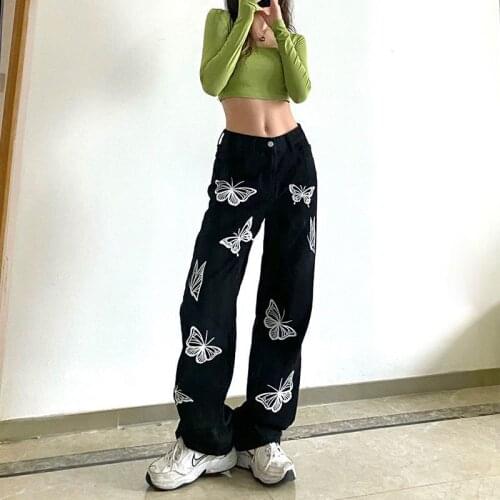 2021 Spring summer jeans Women Design sense butterfly personality printed denim Harajuku High Waist female casual Oversized pant