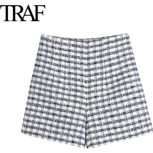 TRAF 2021 Summer Woman Shorts Wide Leg Loose Casual Hotpants French Fashion Tweed Plaid High Waisted Shorts