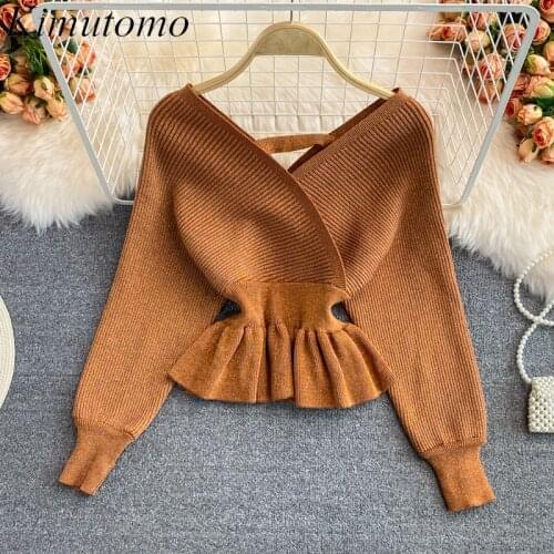 Kimutomo Casual Ruffles Pullover Women Autumn New Korea Fashion Ladies V-neck Long Sleeve Slim Waist Knitted Short Top Elegant