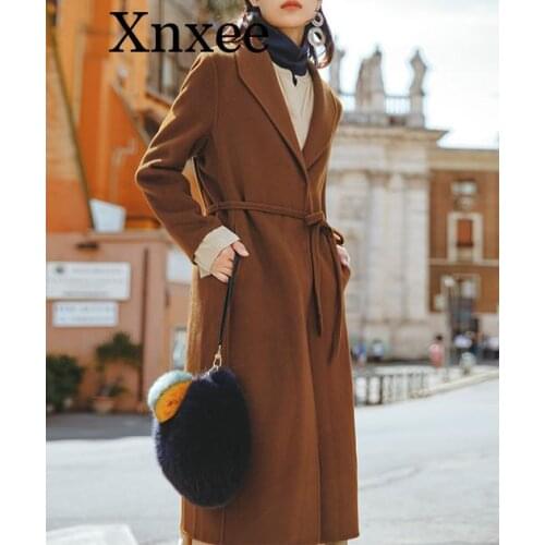 Xnxee 2019 Spring Autumn Open Stitch Turn Down Collar Belt Women Comfortable Wool Coat