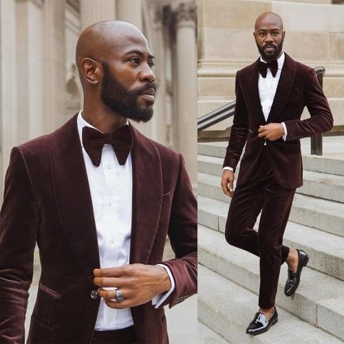 Winter Burgundy Velvet Men Suits Warm Wear Wedding Blazer Tuxedos Clothes for Groomsmen Prom Coat Pants 2 Pieces